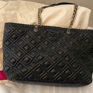 Tory Burch Marion Black Leather Quilted Tote- includes Tory Burch dust bag
